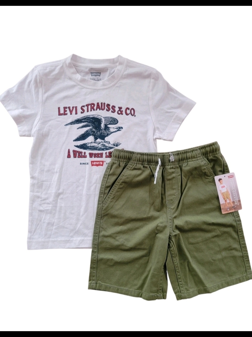 Levi's White Graphic Tee with Olive Green Drawstring Shorts